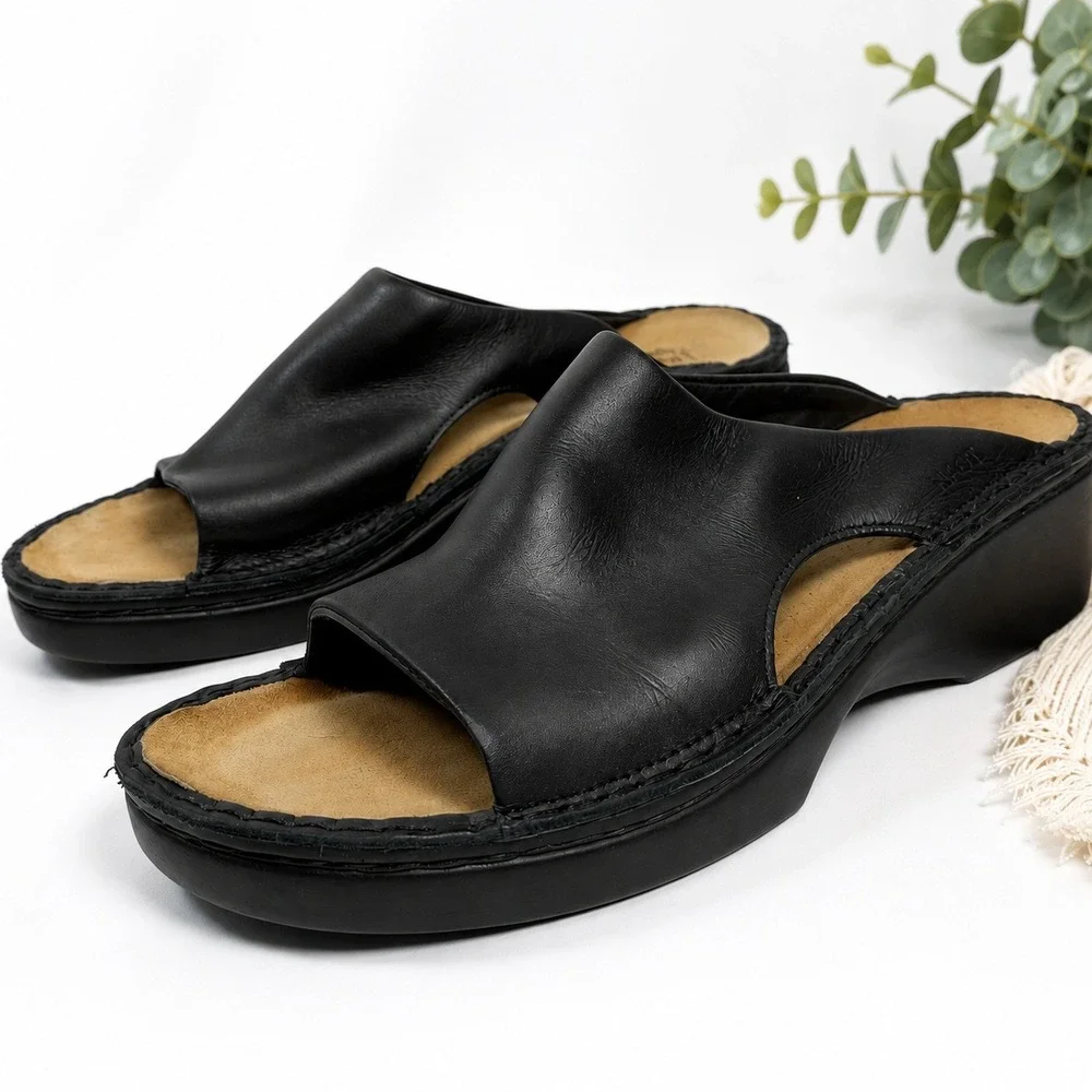 Naot Black Leather Wedge Slide Sandals Comfort Shoes Womens EU 40 US 9-9.5